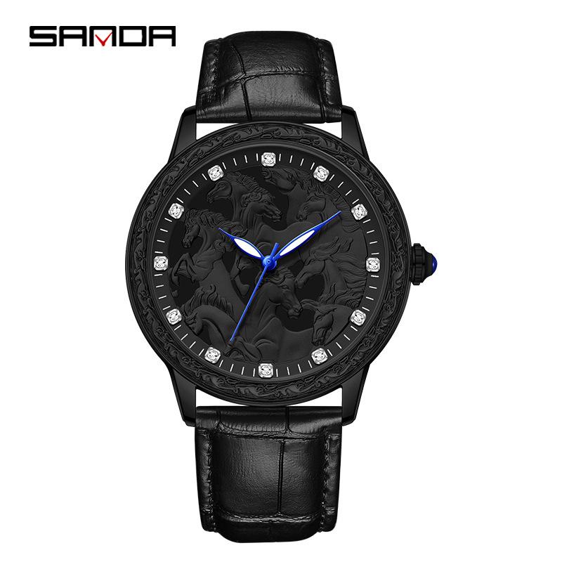 Sanda 7012 Men s 3D Engraving Galloping Horse Leather Strap Watch
