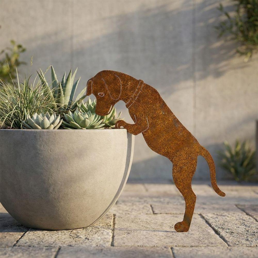 Rusty Finish Metal Dog Garden Statue Rustic Cat Lawn Ornament Dog Pot Hugger Decor  Courtyard