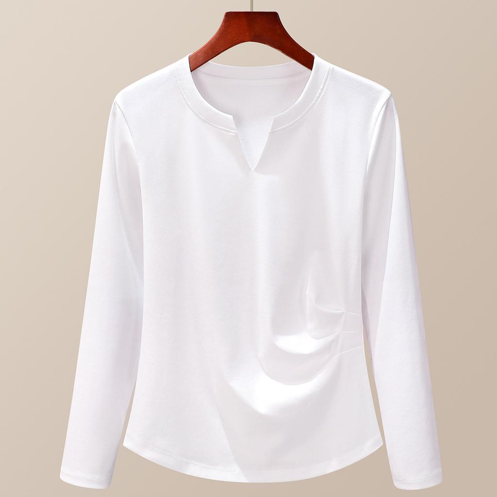 Design sense small solid color long-sleeved women's clothing autumn clothing new niche pleated slim-fit bottoming shirt top