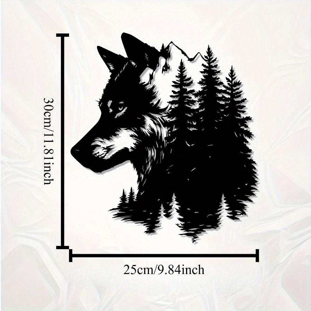1pc Wolf & Pine Metal Wall Art, Weather-Resistant Nature Mural for Home or Garden