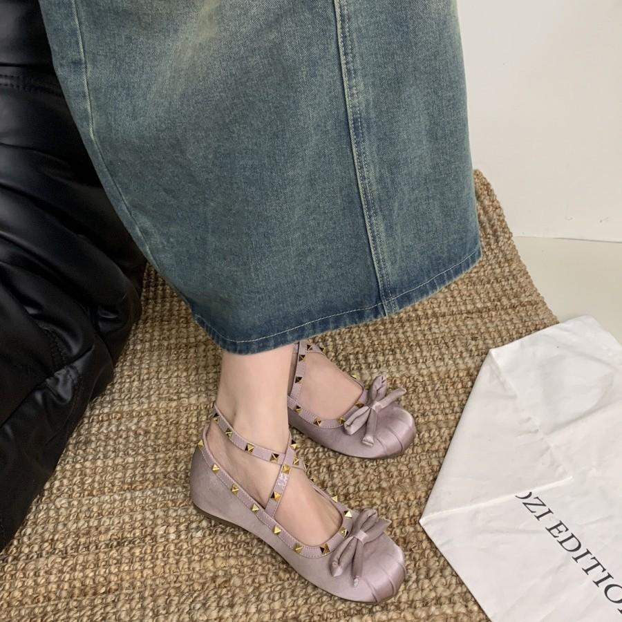 Fairy Riveted Ballet Shoes Girl 2025 Spring and Summer New Bow Evening Wind Flat-bottomed Pink Doudou Shoes