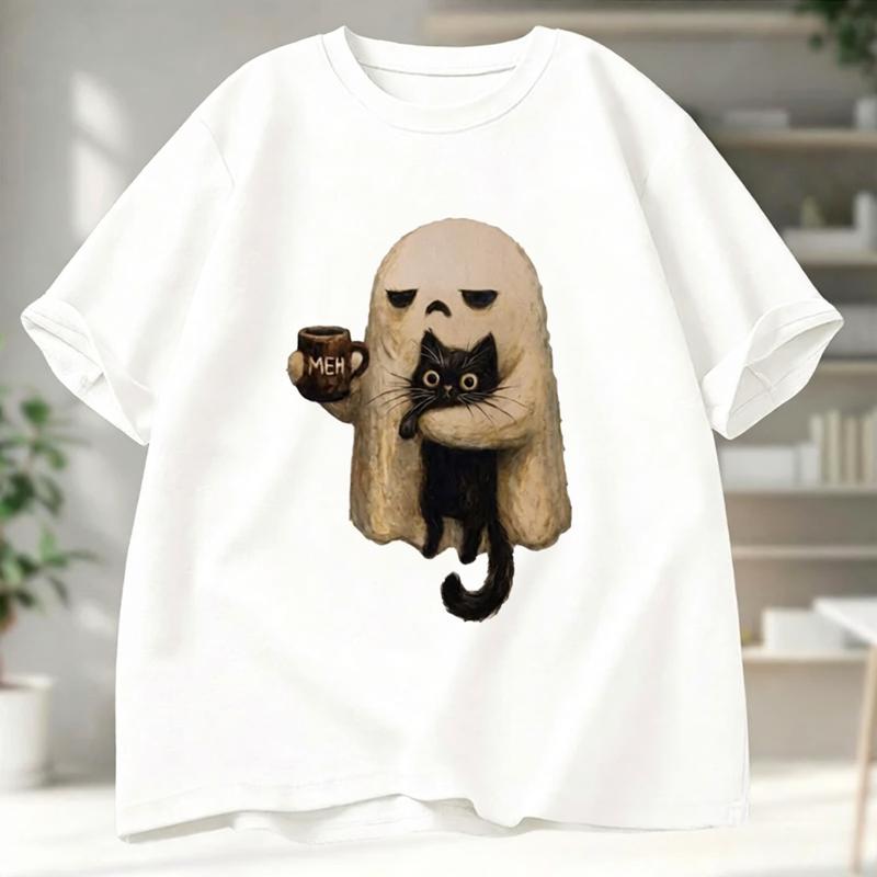 Ghost Cat Funny Aesthetic Graphic Women Tee Crewneck Short Sleeve Funny Halloween Design Summer Vintage Fashion Women Casual Tee