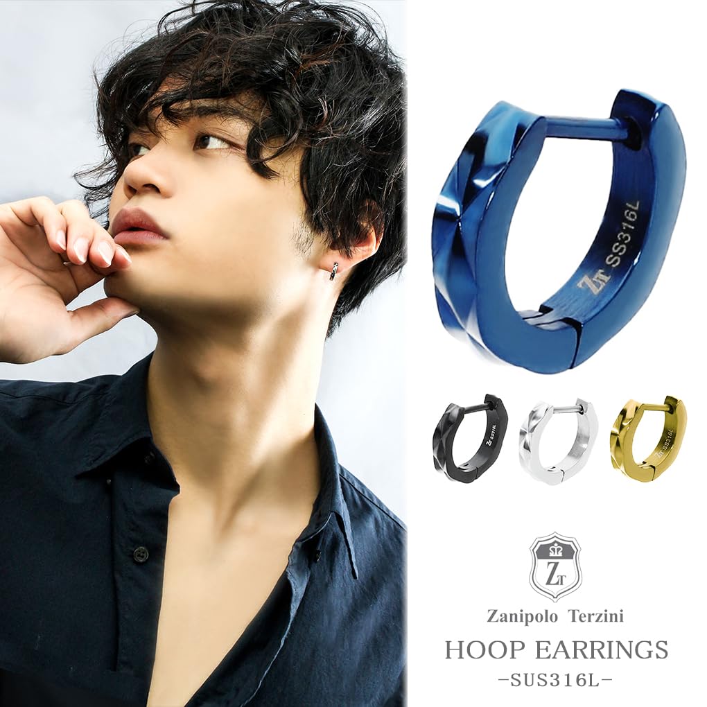 Zanipolo Terzini Diamond-Lined Surgical Stainless Steel Hoop Earrings, Blue (Single Earring) ZTE1906-BL