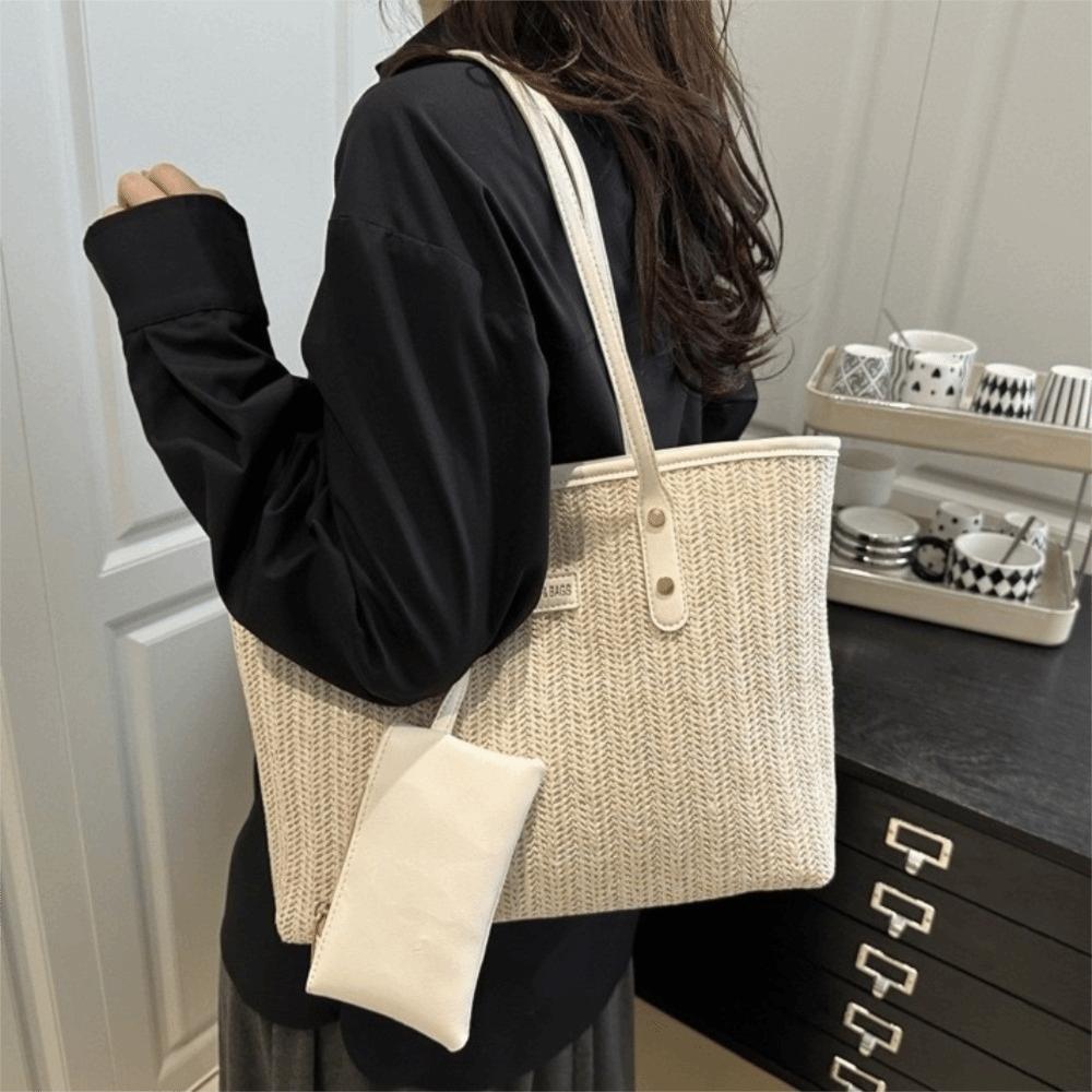 PU Weave Tote Bag Solid Color Beach Straw Handbag Simple Straw Shoulder Bag  Women