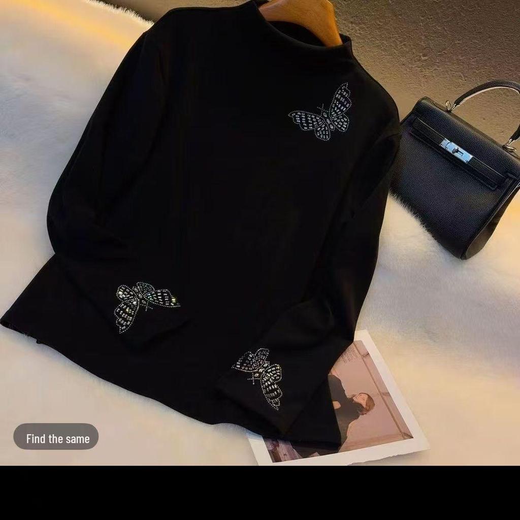 Plus Size Butterfly Embroidered Semi-High Collar Long Sleeve Knit Top