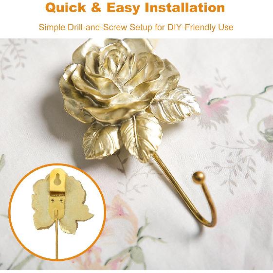 Gold Decorative Wall Hook Set Rose Flora Cute Hooks Vintage Brass Whimsical Flower Hooks for Towel Coat Hat Key Bag Scarf Robe Bathroom and Room