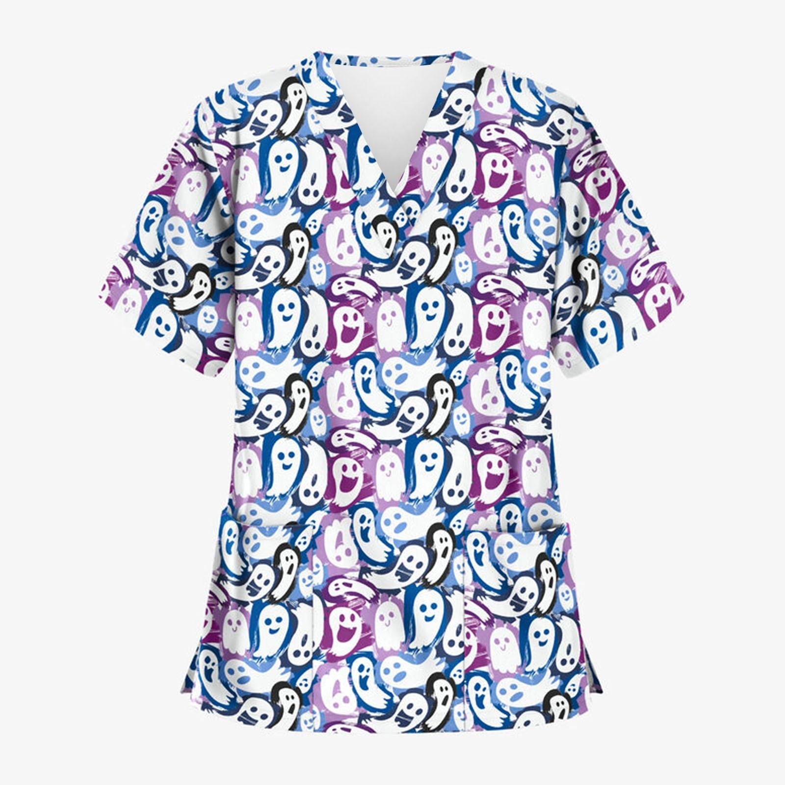 

Женские топы с короткими рукавами и v-образным вырезом на Хэллоуин, топы с мультяшным рисунком, рабочие футболки с карманами, непозиционирующийся принт XL