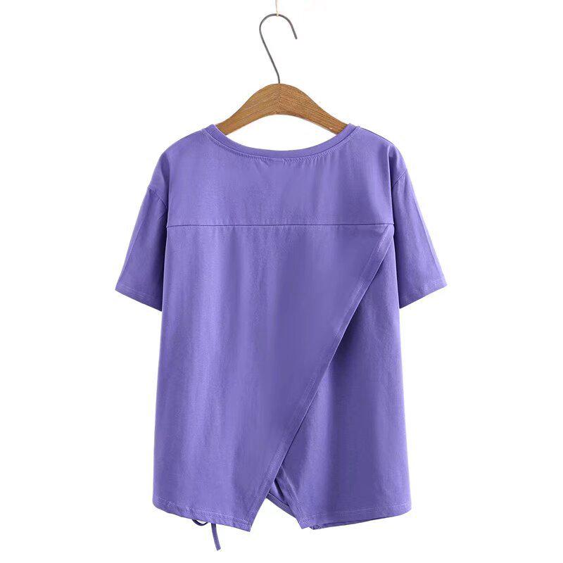 2021 Plus Size Summer Short Sleeve Women's Drawstring Irregular T-shirt, Slimming Design for 200 Jin 464