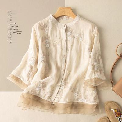 Artistic Retro Lace Patchwork Women's Top: Seven-Sleeve Cotton Ramie Blouse with Heavy Embroidery.