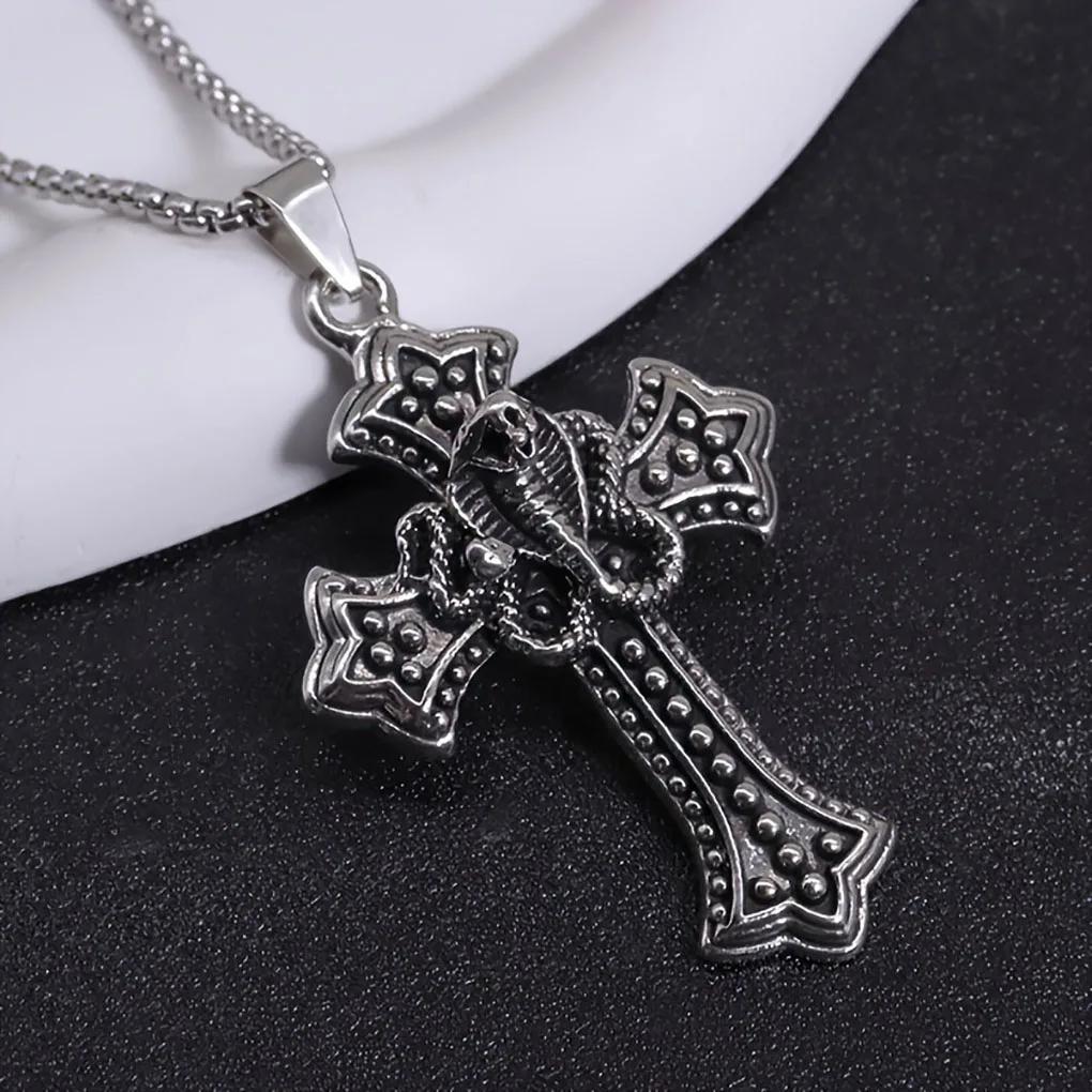 Vintage Cross Jesus God Christian Cobra Snake Pendant Necklace Chain Unisex Men Women Fashion Gothic Amulet Talisman Jewelry Party Gift