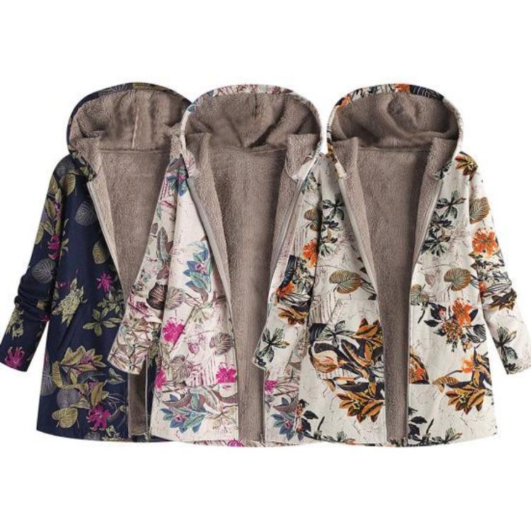 Women Fleece Lining Winter Hooded Coat Floral Leaf Print Long Sleeve