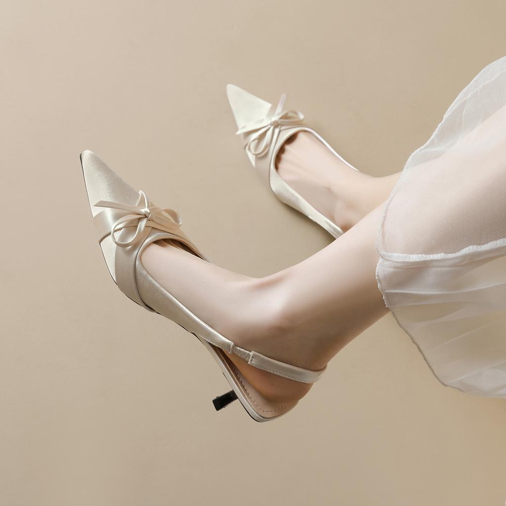 Weiwei Girl 338-6 Französische Schöne Spitzkopf Schleife Baotou Sandalen Damen Nicht Müde Füße Stiletto Hohe Absätze Damenschuhe