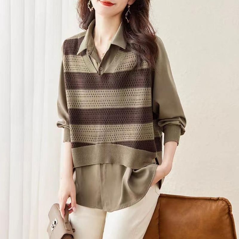 Stitching Shirts, Fake Two-piece Sweaters, Women's Western Style, Age-reducing Outer Wear, Fashion Striped Knitwear, Women