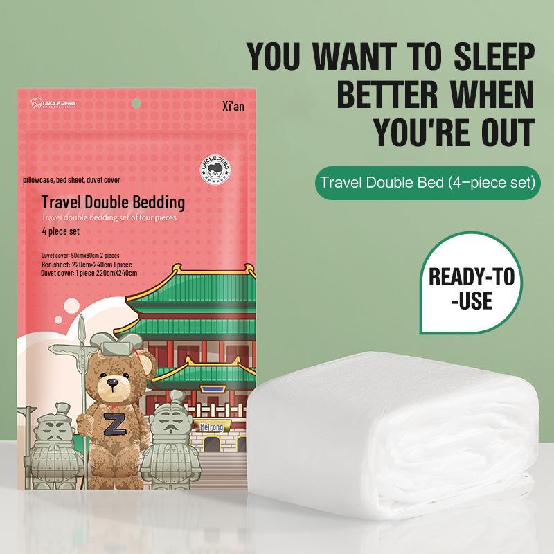 

Travel-Ready 4-Piece Hotel Bedding Set: Disposable Duvet Cover, Sheet, and Pillowcases – Double Bed, Dirt-Proof