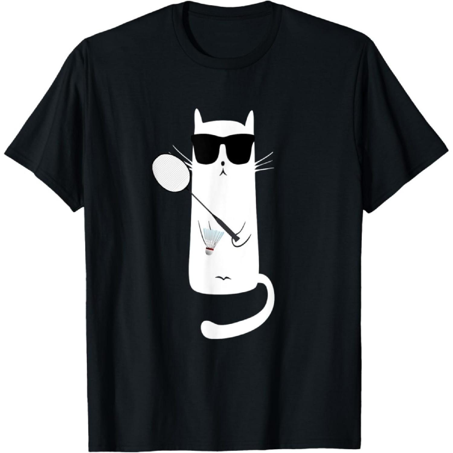Funny Cat Wearing Sunglasses Playing Badminton T-Shirt(1) S