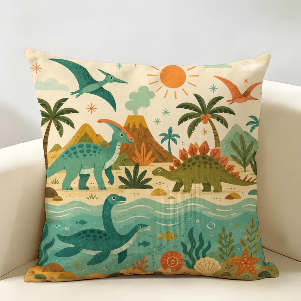 Dinosaur Retro Dino Cushion Cover Natural Linen Organic Fabric Double-Sided Printing Breathable Perfect For Home Decor