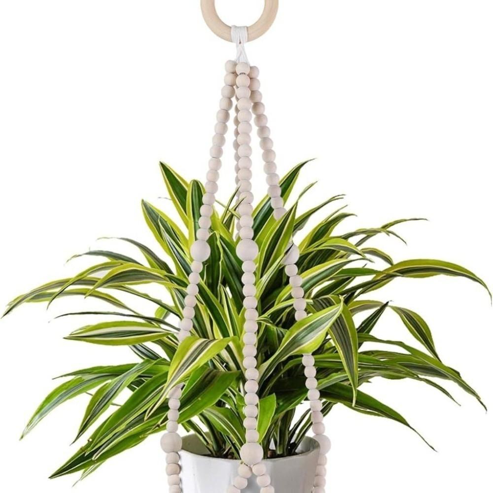 Natural Wood Beads Hanging Planter Basket Macrame Fringe Macrame Plant Hanger Outdoor Garden