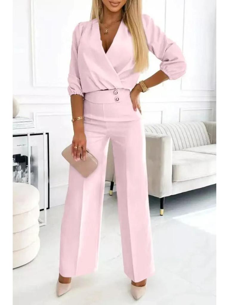 2025 Women's Solid Color V-neck Two-Button 2-Piece Pants Set