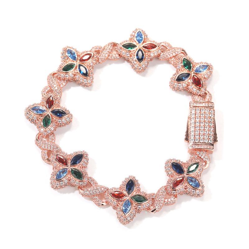 Hip-hop Rap Chain, Unlimited Four-leaf Clover Bracelet, Fashionable Cool Ruffian Handsome Premium 5A Zircon Color Necklace.