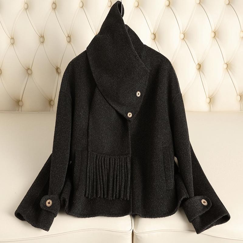 Autumn and winter new double-sided cashmere coat female celebrity style fringed edge scarf collar high-end woolen coat female