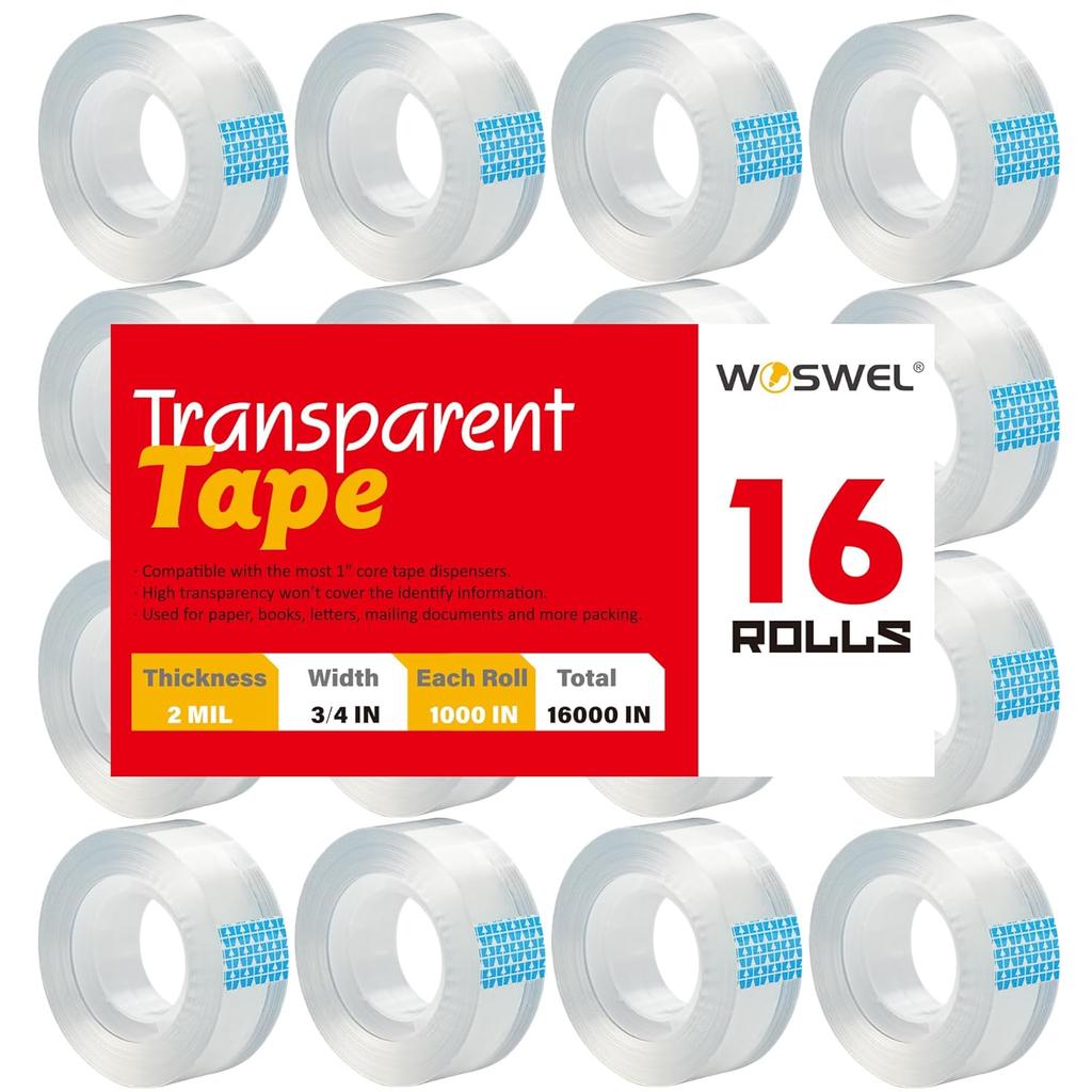 Transparent Tape Refills Bulk, 16 Rolls Clear Tapes, 3/4 Inch X 1000 Inch, Transparent Glossy Tape for Home School Office Supplies