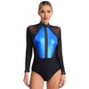 Womens Figure Skating Bodysuit Color Block Patchwork Keyhole Back Sheer Mesh Long Sleeve Rhinestone Leotard