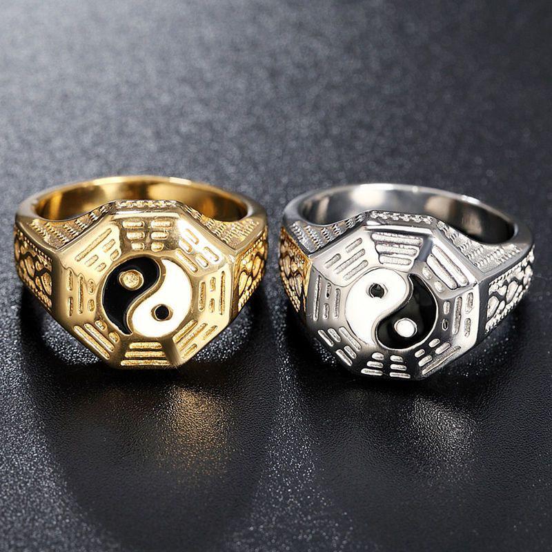 Chinese Retro Enamel Yin Yang Bagua Men's Ring In Ethnic Style