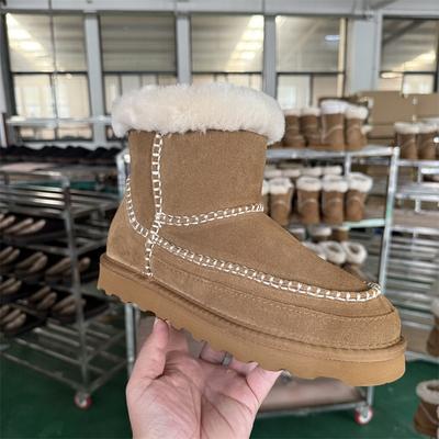 Winter New Medium Tube Snow Boots Women's Thick-soled Woven Hook-up Cowhide Wool Thickened Velvet Thermal Shoes