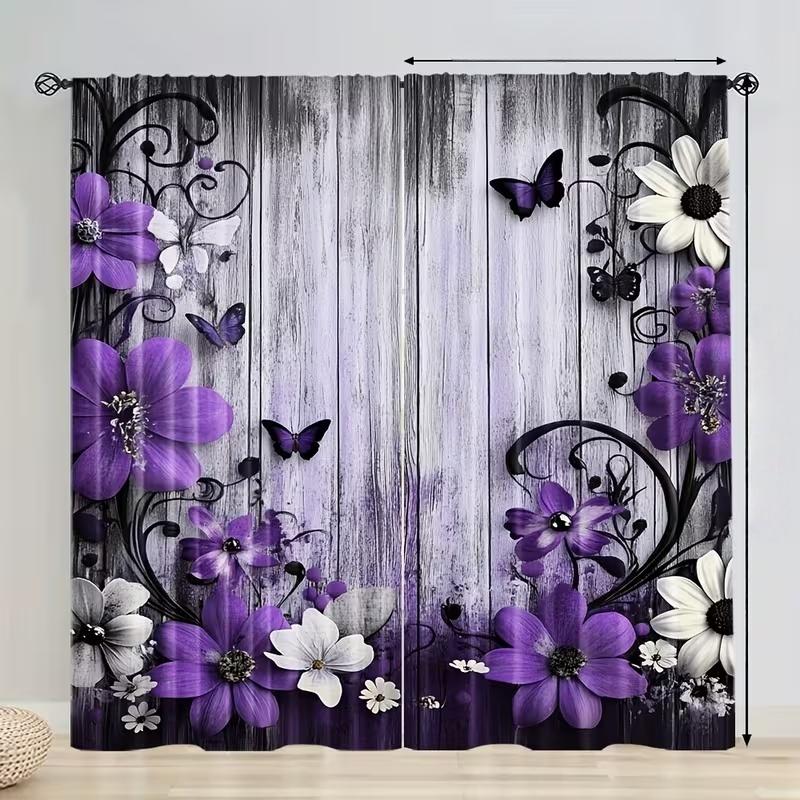 2Pcs Purple Flower Butterfly Print Curtains,suitable for Bedroom,living Room Kitchen Decoration,home Decoration,window Decor