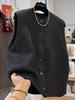 Women's Dark Grey European Style Sleeveless Sweater Vest - Autumn/Winter Knit Cardigan with Round Neck