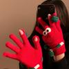 Funny and Cute Red Christmas Tree Big Eyed Gloves for Women In Winter Knitted Plush Warm Five Finger Windproof and Cold Proof