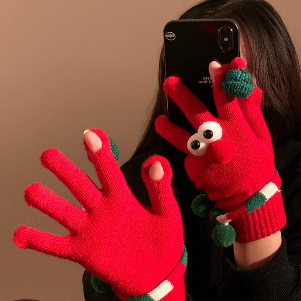 Funny and Cute Red Christmas Tree Big Eyed Gloves for Women In Winter Knitted Plush Warm Five Finger Windproof and Cold Proof