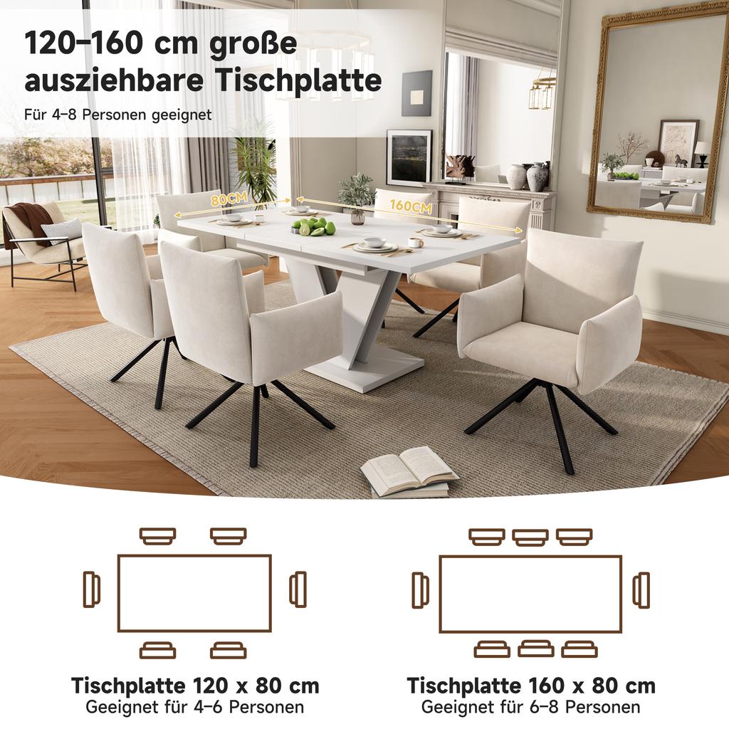 Extendable Dining Table 120/160*80 Cm, Suitable for 4-6 People, Rectangular, Thickened Tabletop, V-Shaped Legs, Simple Style, White