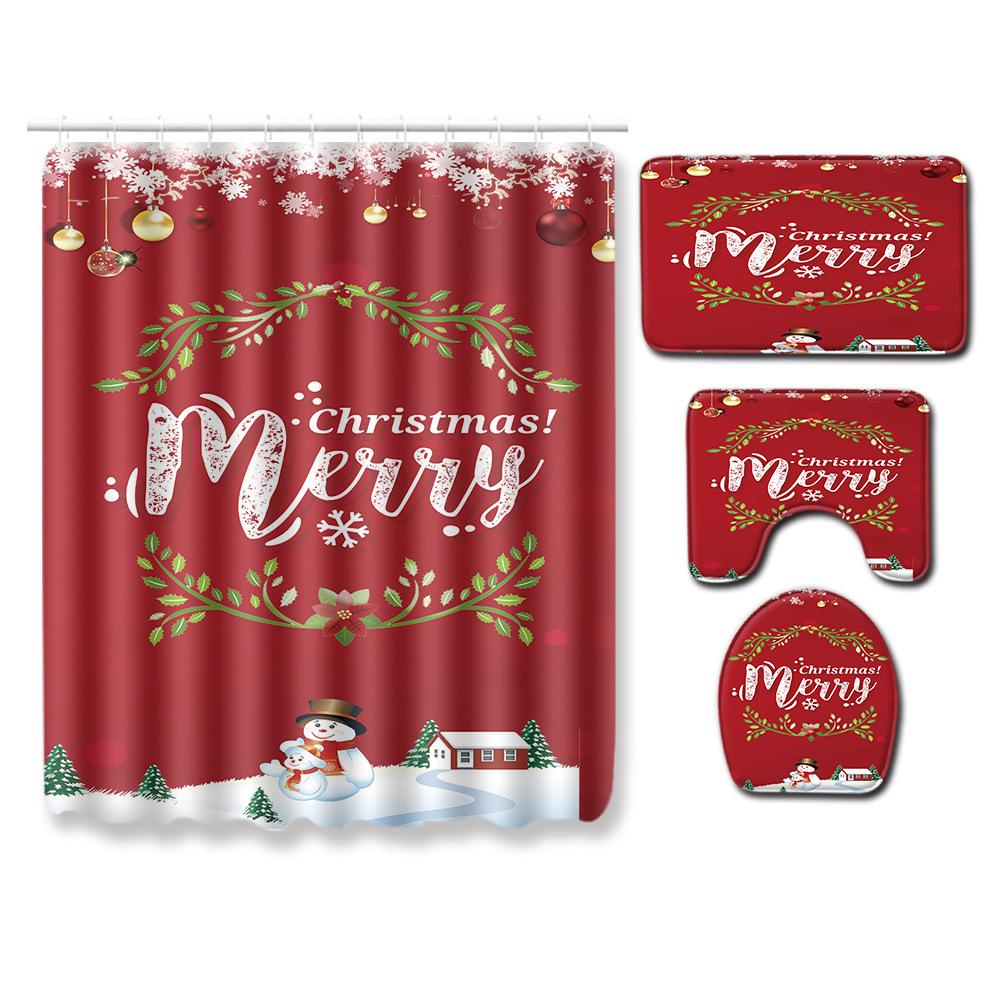 Christmas Shower Curtain Floor Mat Combination Four-Piece Set Bathroom Toilet Non-Slip Carpet Shower Room Absorbent Door Mat