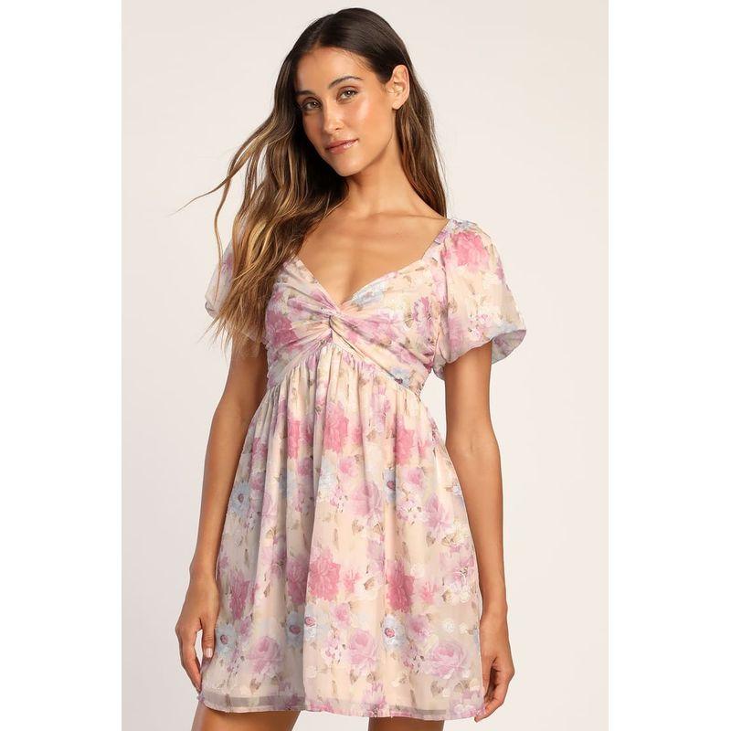 

Foreign Trade Order Lu s Summer New Refined Beauty Flower Bubble Short sleeve V-neck Small Short A Word All-Matching Dress Pink L