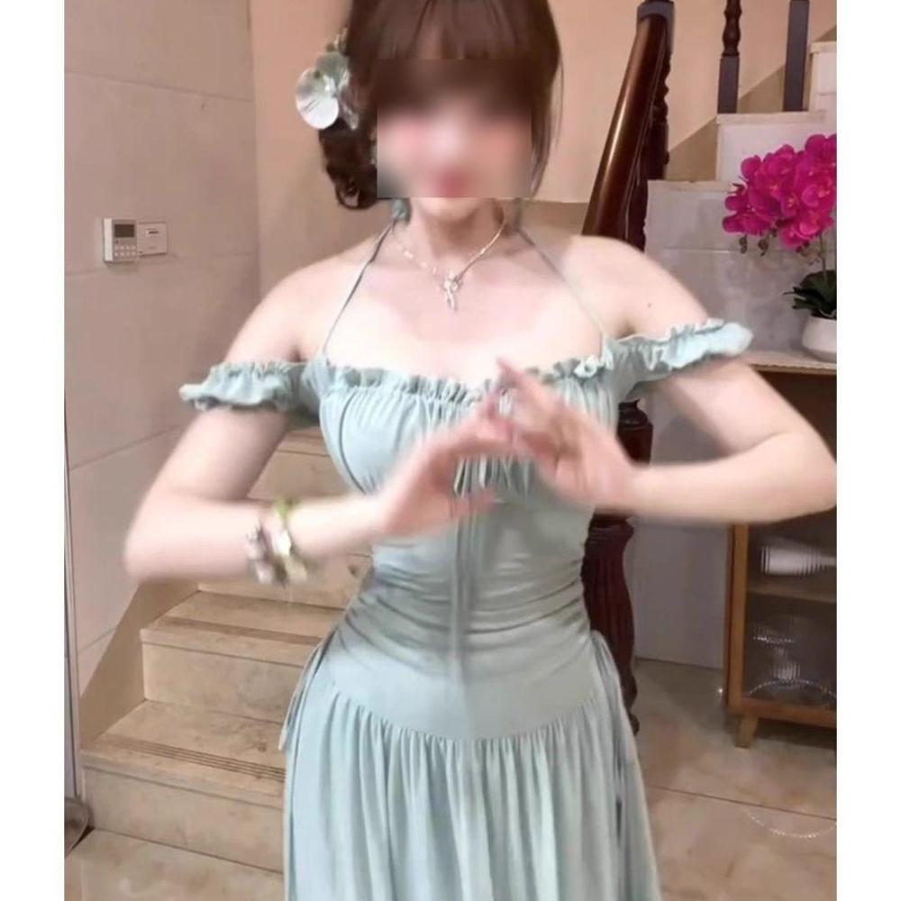 Einwort-Schulterfreies Tube-Top-Halskleid Damen Sommer Taille Super Fee A-Linien langes Kleid Strandurlaubsrock