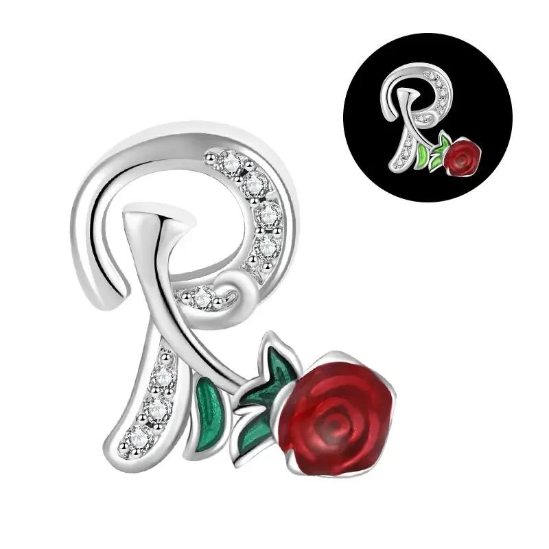 Copper 26 Letter A-Z Red Rose Charms Luminous Bead Fits Genuine Bracelets Do-It-Yourself Beautiful Jewellery Beautiful Gift For Women