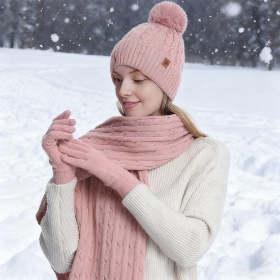 3Pcs/Set Women Hat Scarf Gloves Set Solid Color Twist Texture Thermal Lining Pompon Design Knitting Hat Long Scarf Gloves Set