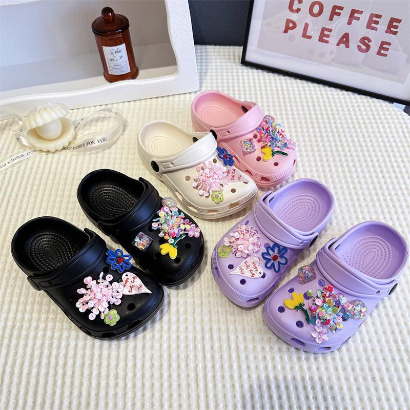 Children's Beaded Floral Sandals - Colorful Thick-Soled Closed-Toe, Summer Outdoor Slippers