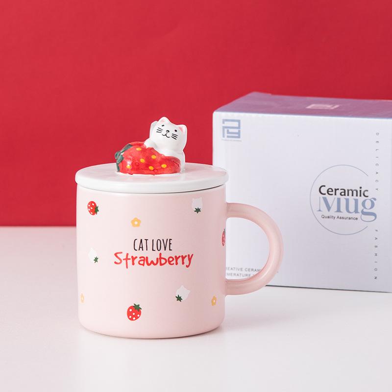 Lovely strawberry Cup Ins Coffee Mug Creative Water Milk Breakfast Cups Cartoon Cat Ceramic Mugs With Lid Spoon Gift