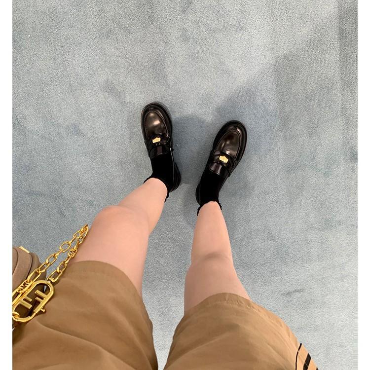 Sheepskin Version~ British Genuine Leather Thick-soled Black Small Leather Shoes Women's Gold Coins Lazy One-pedal Flat-soled Single Shoes