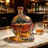 Day Of The Dead Decanter Gothic Skull Decanter, Hand Painted Glass Liquor Bottle with Floral Halloween Decor Design, 3D Carved Wine Dispenser for Home