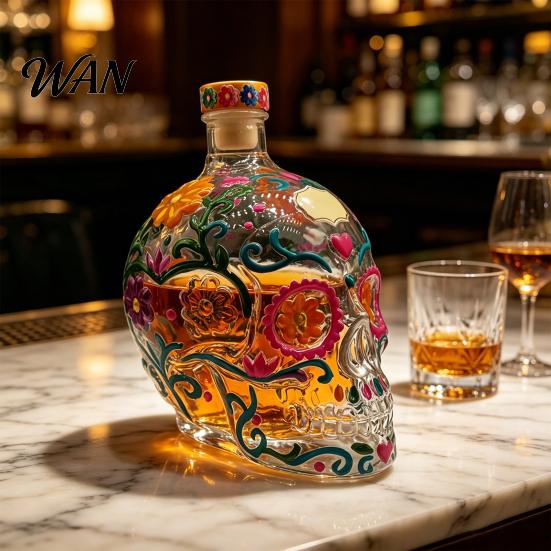 Day Of The Dead Decanter Gothic Skull Decanter, Hand Painted Glass Liquor Bottle with Floral Halloween Decor Design, 3D Carved Wine Dispenser for Home