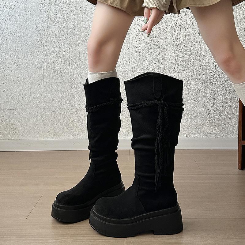 Pleated knight boots women's heightening wind flow Su weaving small man long boots piled up knees but tall wasteland thick bottom