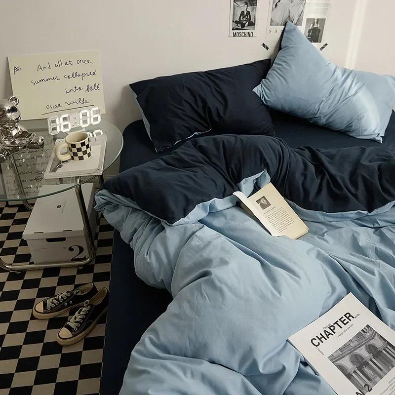 High Quality  Solid Color Double Washed Cotton Bedding 4 Pieces Set Student Dormitory Bed Linen Duvet Set Bed Suit