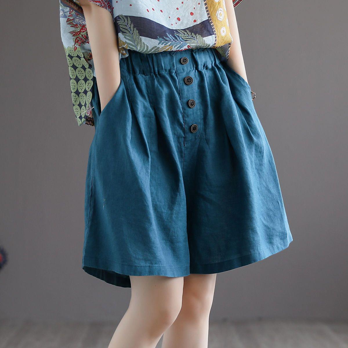 

Women s Retro Cotton-Linen Wide-Leg Capris - Summer Thin, Loose, Plus Size, Buttoned, Casual Shorts M (80-105 cm) синий
