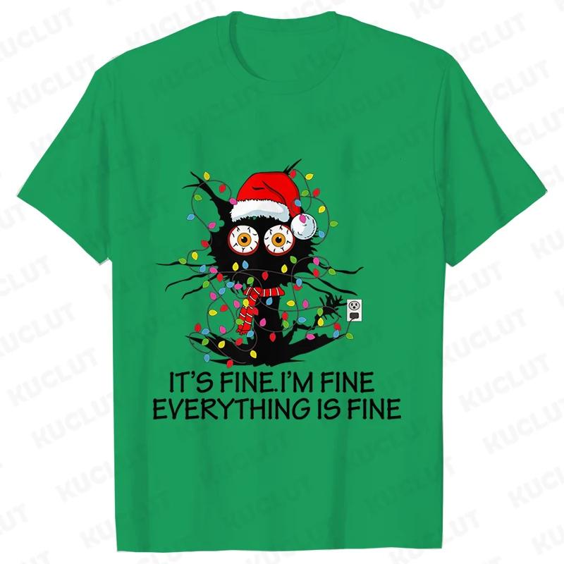 

It s Fine I m Fine Everything Is Fine Black Cat Футболки Для женщин Sweetshirts Christmas Lights Merry Christmas Harajuku Tee Y2k Tops 4XL