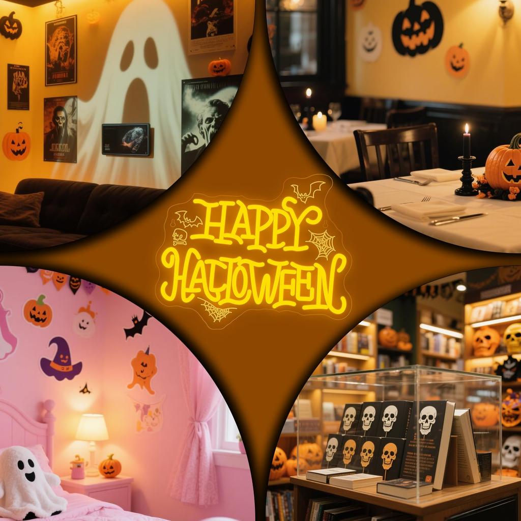 HAPPY HALLOWEEN Neon Sign, Spider Webs & Skull, Halloween Party Decoration for Home, Bar, Dorm, Spooky Décor