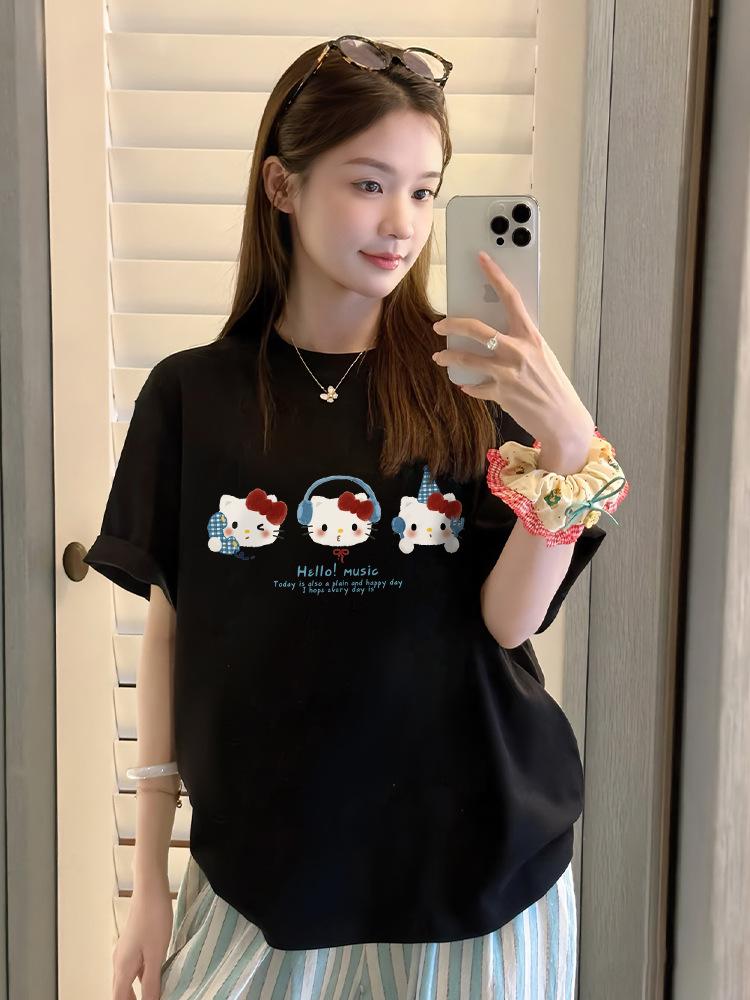 Trendy Plus-Size 2026 Black Cartoon Loose-Fit Short-Sleeve T-Shirt for Women