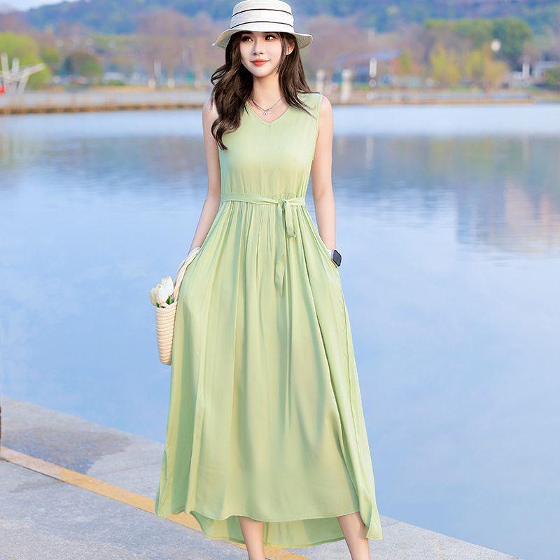 New Women's Summer Sleeveless French Silk-Cotton Beach Dress